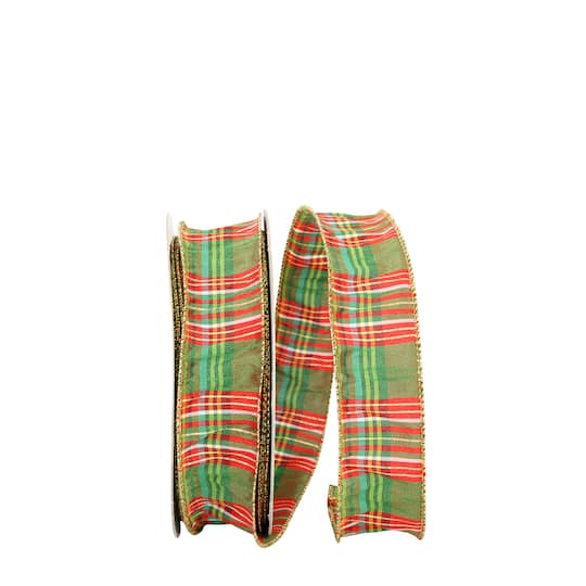 JAM Paper 1.5" x 20yd. Primary Metallic Wired Plaid Dupioni Ribbon